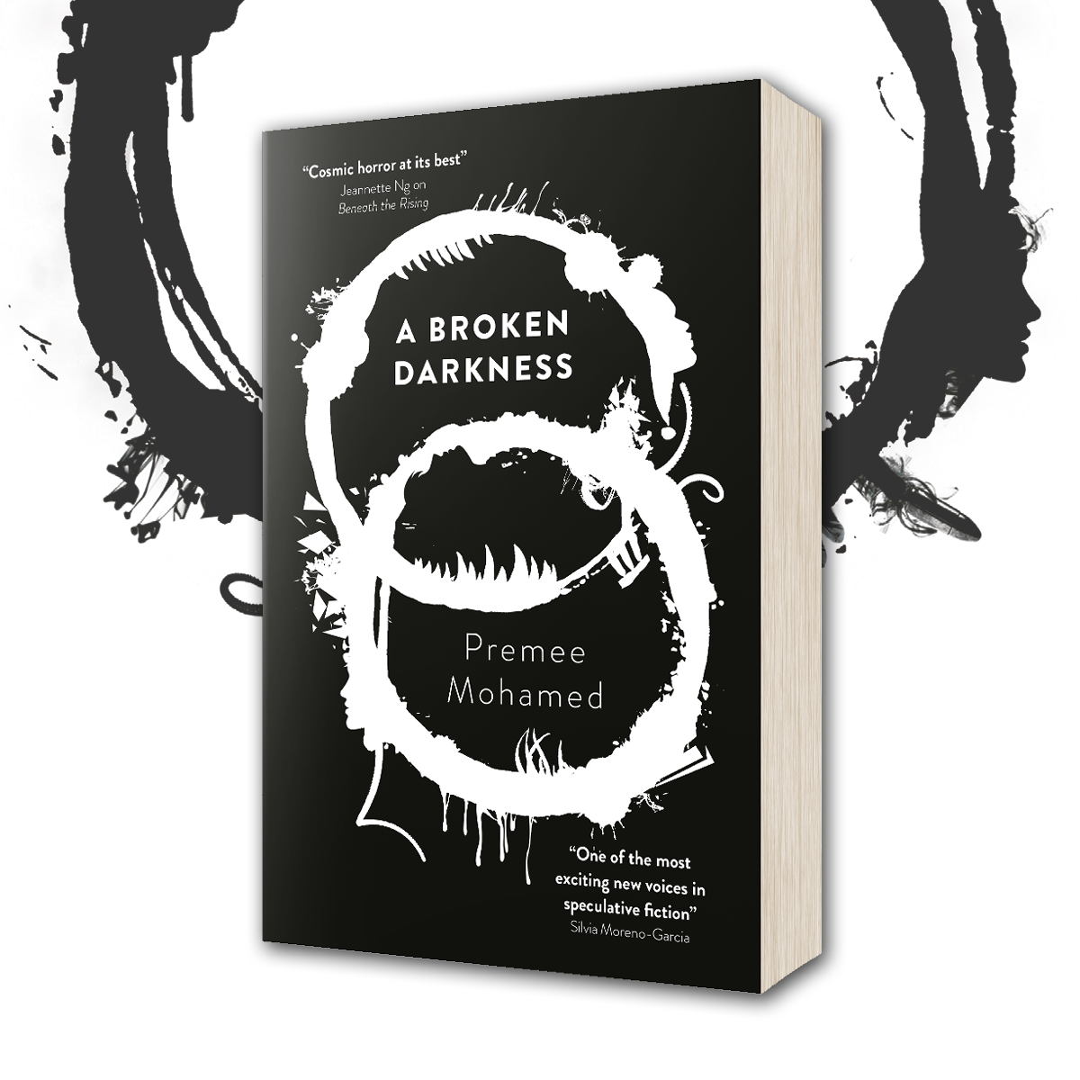 Image featuring a 3D paperback copy of Broken Darkness by Premee Mohamed