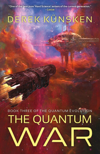 Book Cover of The Quantum War featuring space craft approaching battle against a colourful Venus sky