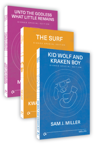 Book covers of three paperback books; Kid Wolf and Kraken Boy, The Surf and Unto The Godless What Little Remains