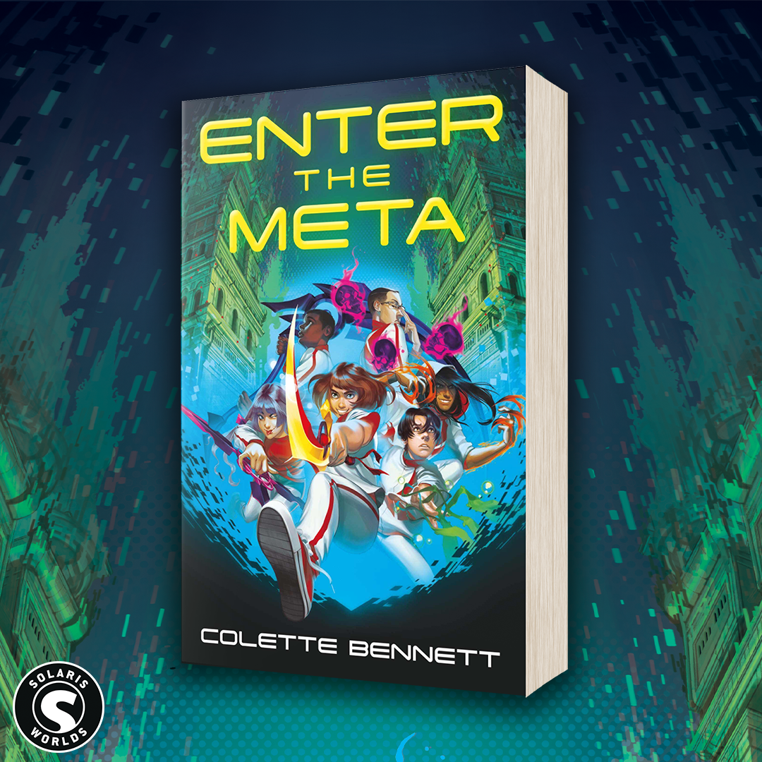 A graphic of a paperback copy of Enter the Meta by Colette Bennett stands in the centre, against a dark background with two green towers on either side.