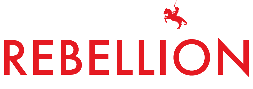 Logo for the book "Leading The Rebellion" by Jason Kingsley. Red and White text which an image of a rider on horseback
