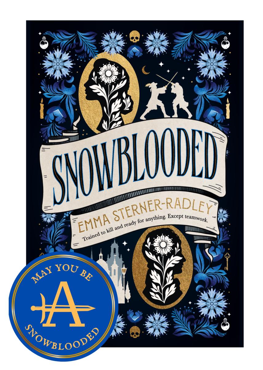 Snowblooded book cover and pin
