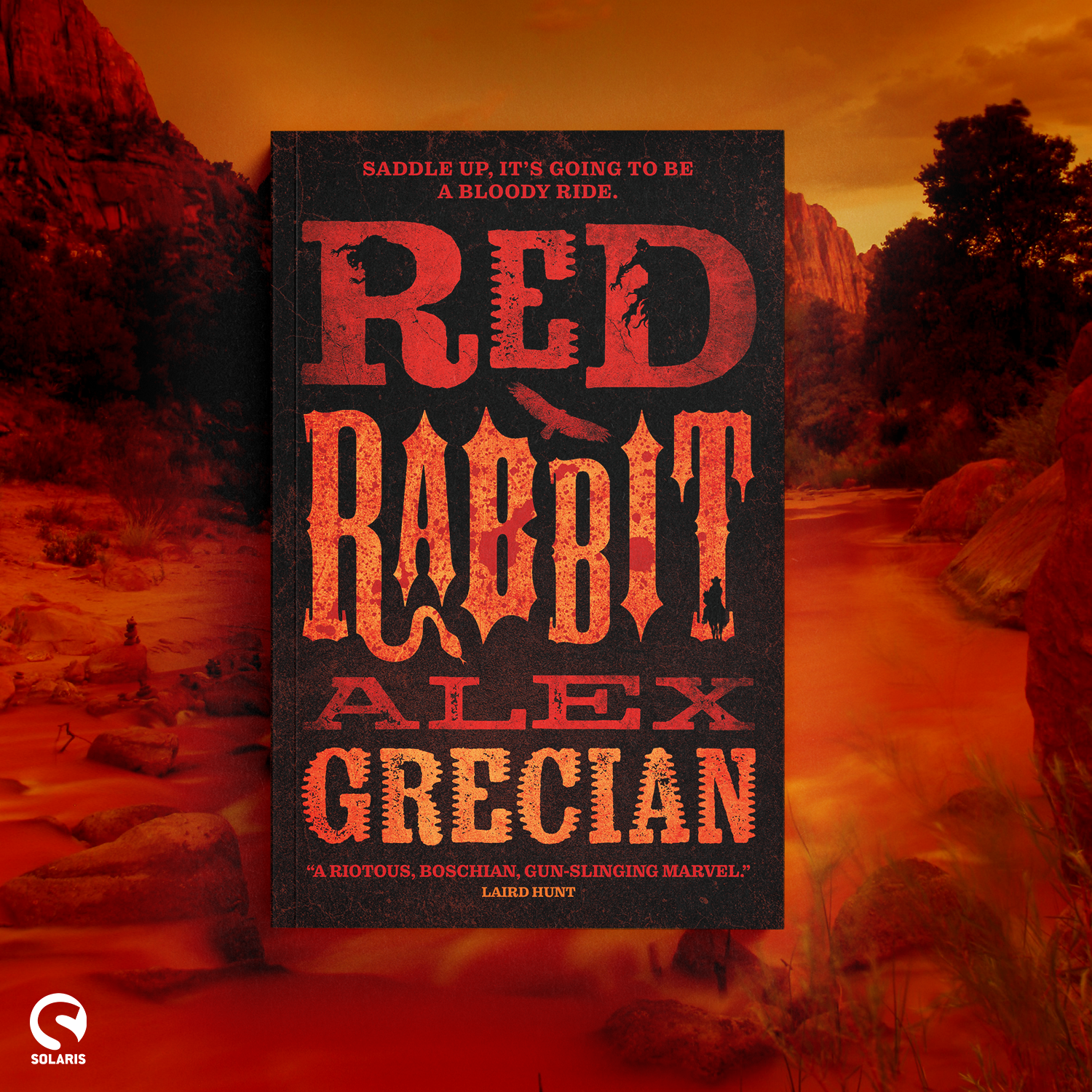 Against a red desert background, the cover for RED RABBIT by Alex Grecian